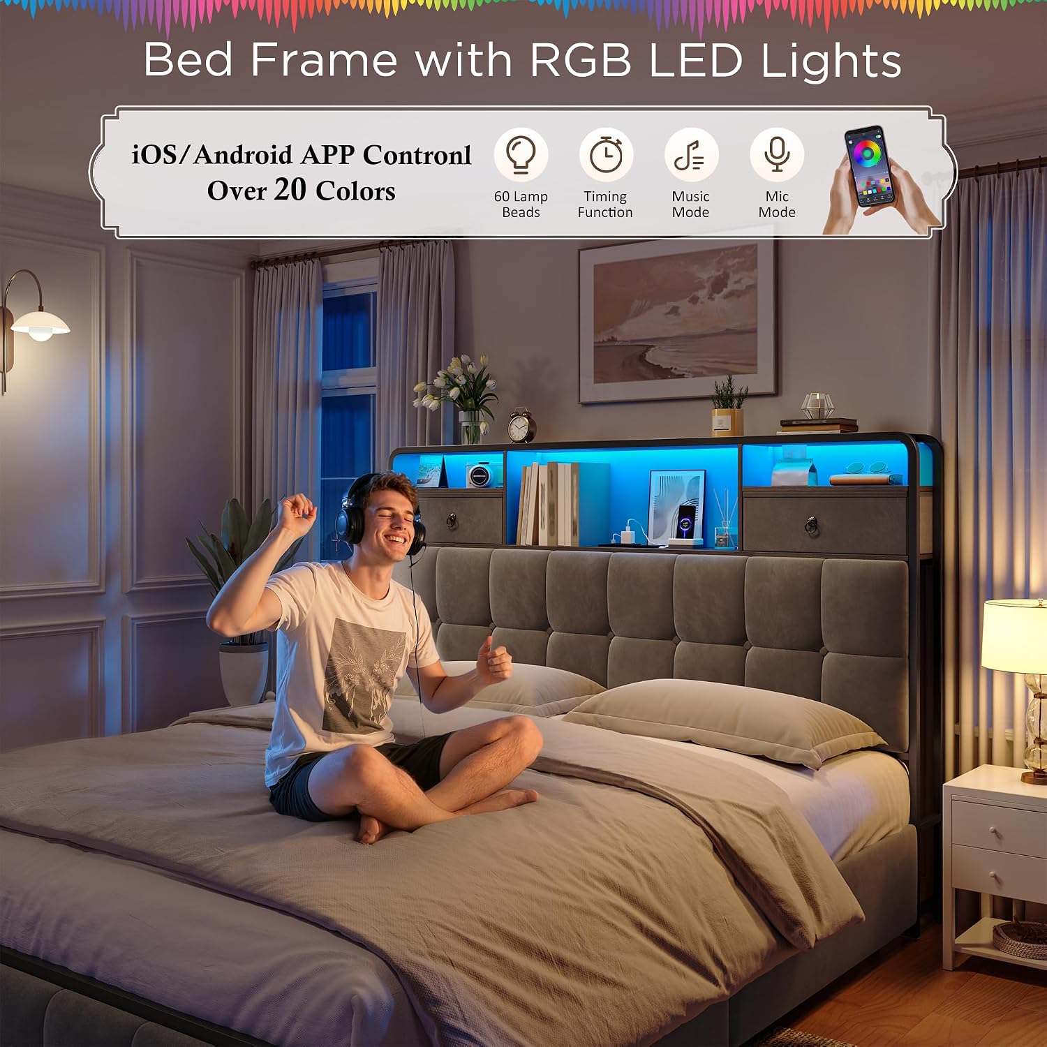 クイーン収納ベッドフレーム、引き出し6個、2段ベルベットヘッドボード、LEDライト付き