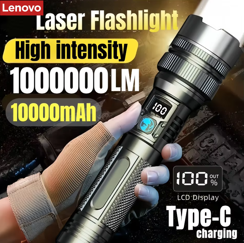 Lenovo 1000000LM 超高輝度 LED 懐中電灯 充電式 USB-C デジタル ディスプレイ IPX8 防水長持ちキャンプ緊急