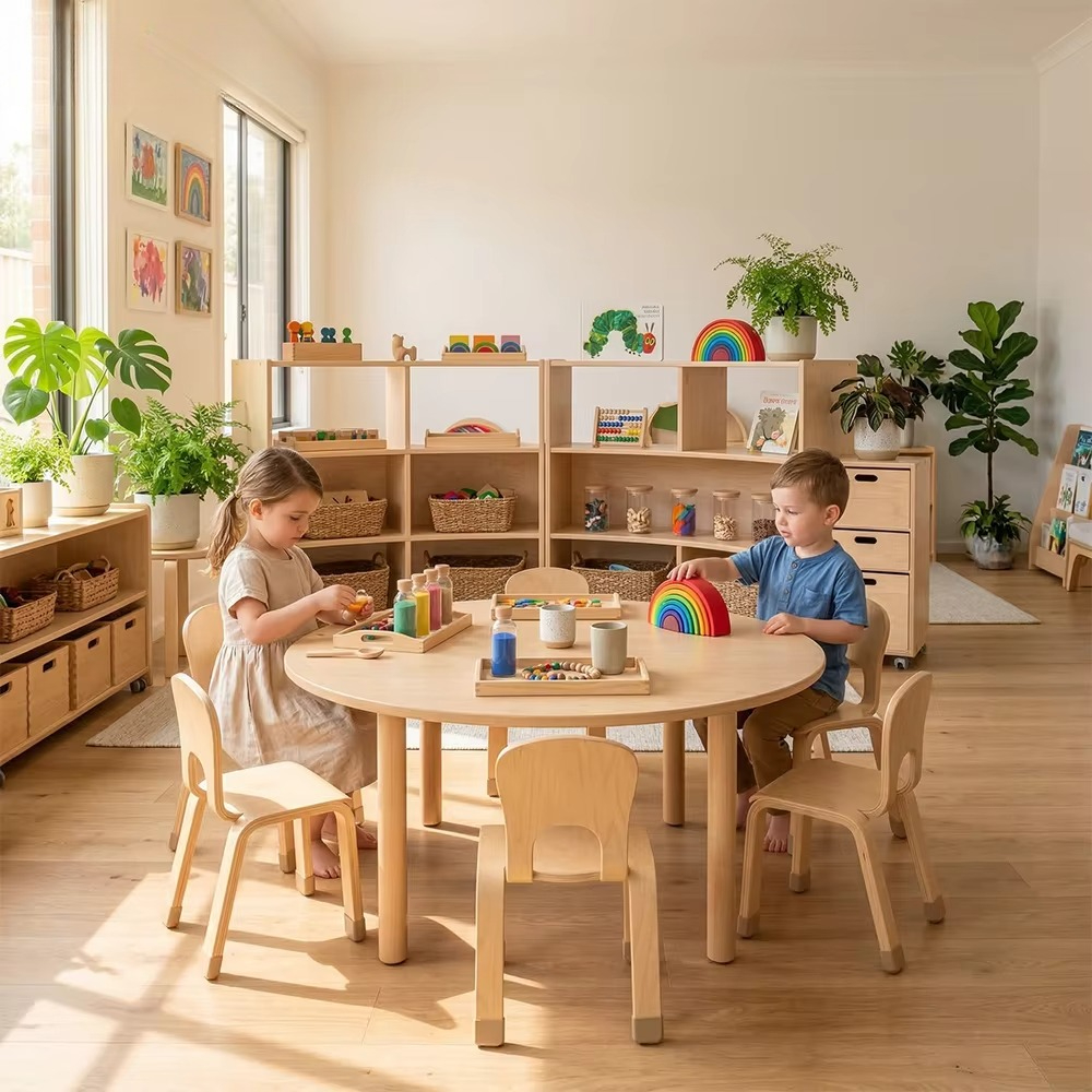 メーカー 木製キッズ学習机と椅子セット キッズ幼稚園 就学前学習プレイルーム モンテッソーリ家具