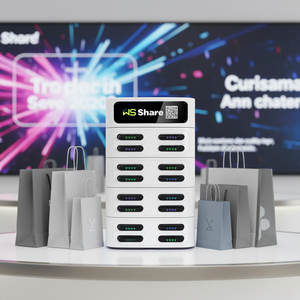 シェア型携帯電話充電ステーションシステム。60Wの急速充電機能を備え、超薄型デザインで、公共エリアでの利用に適しています。
