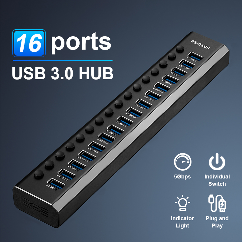 RSHTECH USB3.0 ハブ アルミニウム 10/13/16 ポート エキスパンダ USB 電源データハブ スプリッター ラップトップ Macbook 用個別オン/オフ スイッチ