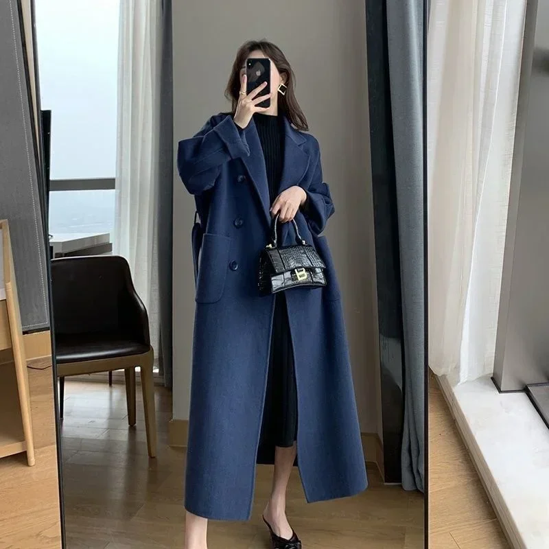QNPQYX 秋の女性のウールの布コート暖かいロング丈ダブルブレストネイビーブルー女性のエレガントな上着緩いベルトオーバーコート
