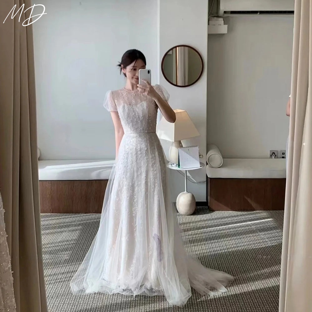 MD Short Sleeves Wedding Party Dress Tulle A-Line Beads Korea Photo Shoot Bridal Reception Gown Customized 웨딩드레스 2026 New
