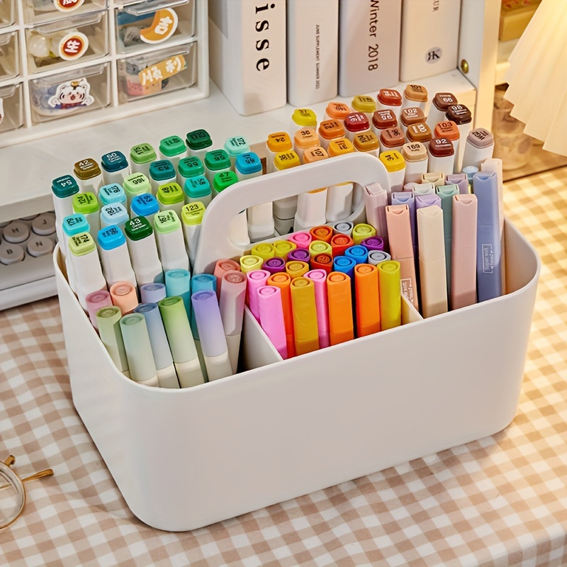 ハンドル付き5コンパートメントプラスチック収納バスケット、ペン、鉛筆、文房具用ポータブルオフィスデスクオーガナイザー、混合色