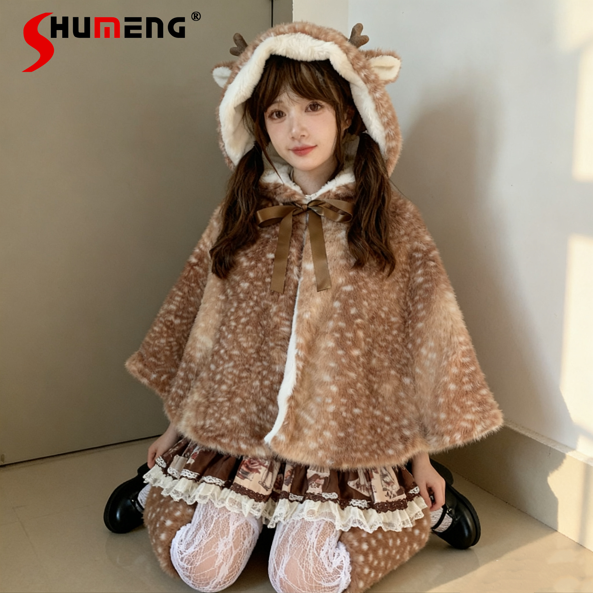 クリスマス甘いロリータフェイクファーフード付きマント冬新女の子の甘いかわいいぬいぐるみ暖かいケープポンチョ Y2k レッグウォーマースカーフ帽子