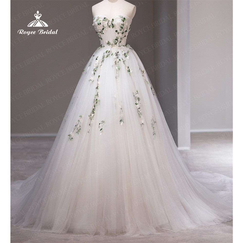 Roycebridal ストラップレス A ラインのウェディングドレス 2027 コートトレインオーガンザ刺繍ウェディングドレス