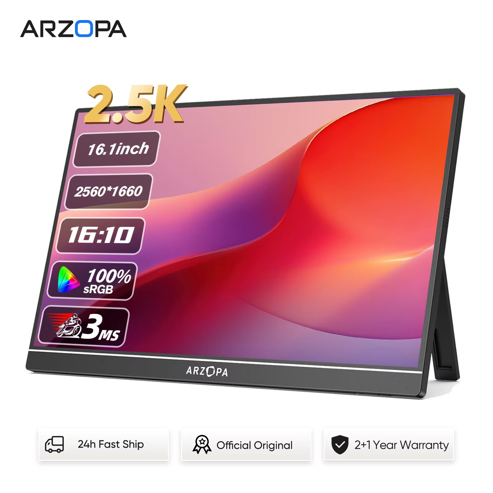 ARZOPA 16 インチ 2.5K QHD ポータブル モニター 16:10 IPS スクリーン、Type-C ミニ HDMI セカンド ディスプレイ付き MAC/ラップトップ/PC/Xbox/PS/Switch 用、Z1RC
