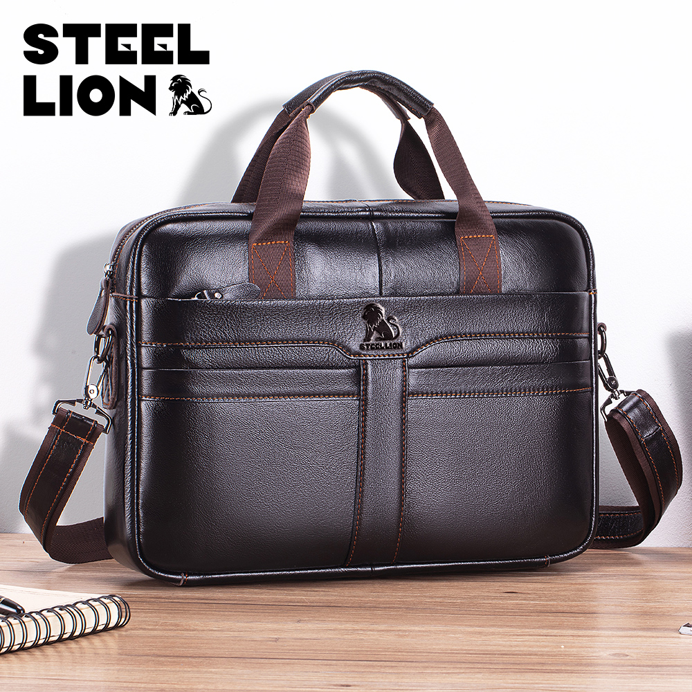 STEEL LION レザーメンズブリーフケース、大容量ビジネスオフィスバッグ、牛革コンピューターバッグ、手持ちまたは肩で持ち運ぶことができます