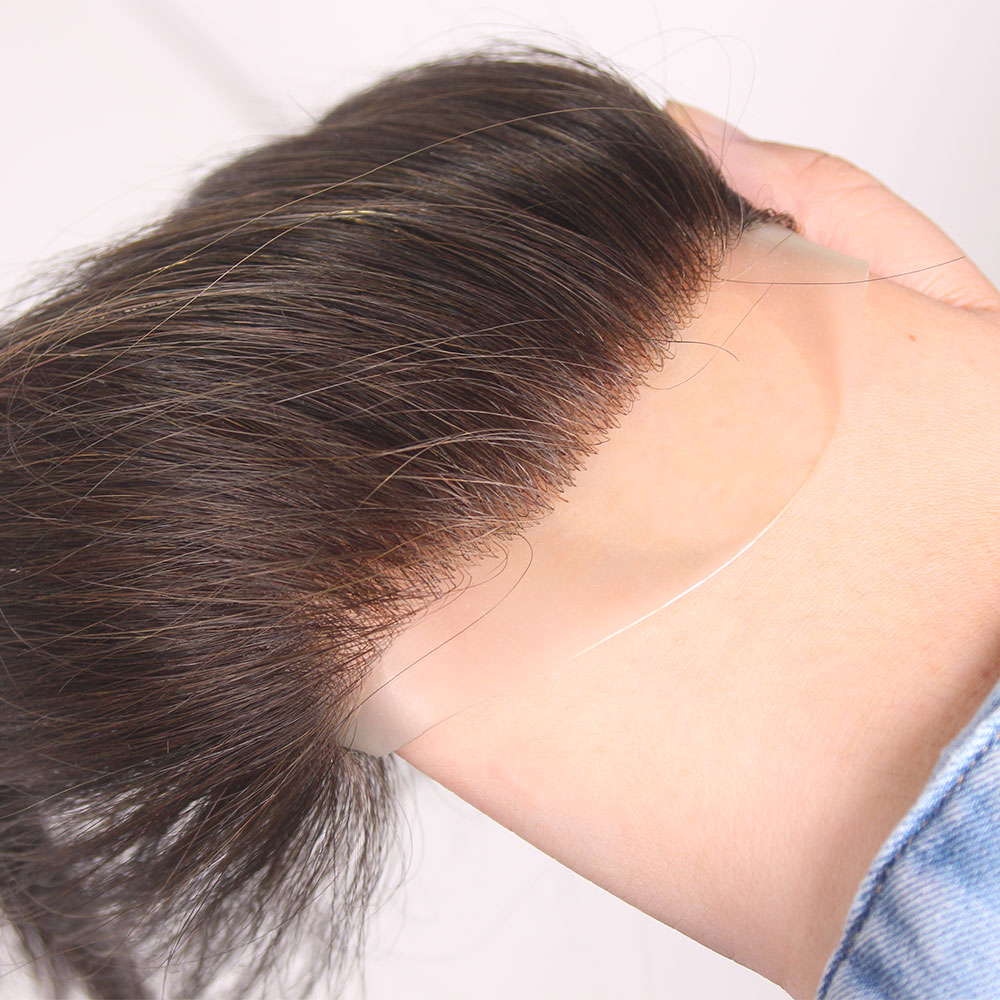フロント男性かつらメンズウィッグナチュラル PU 生え際 100% 人毛男性かつらピース薄い肌レミーヘアシステムダークブラウン色 6IN