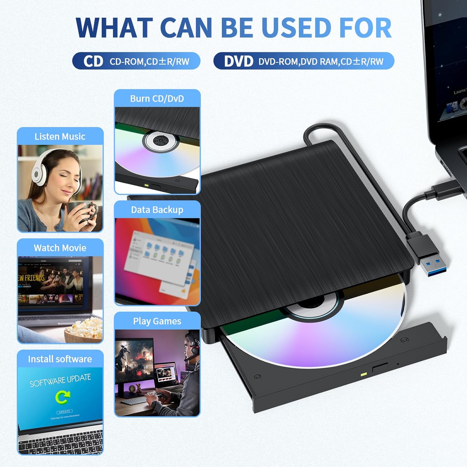 ラップトップ PC 用外付け DVD CD ドライブ USB 3.0 Type-C CD バーナー ポータブル CD /-RW ドライブ DVD プレーヤー ROM リライター バーナー レコーダー