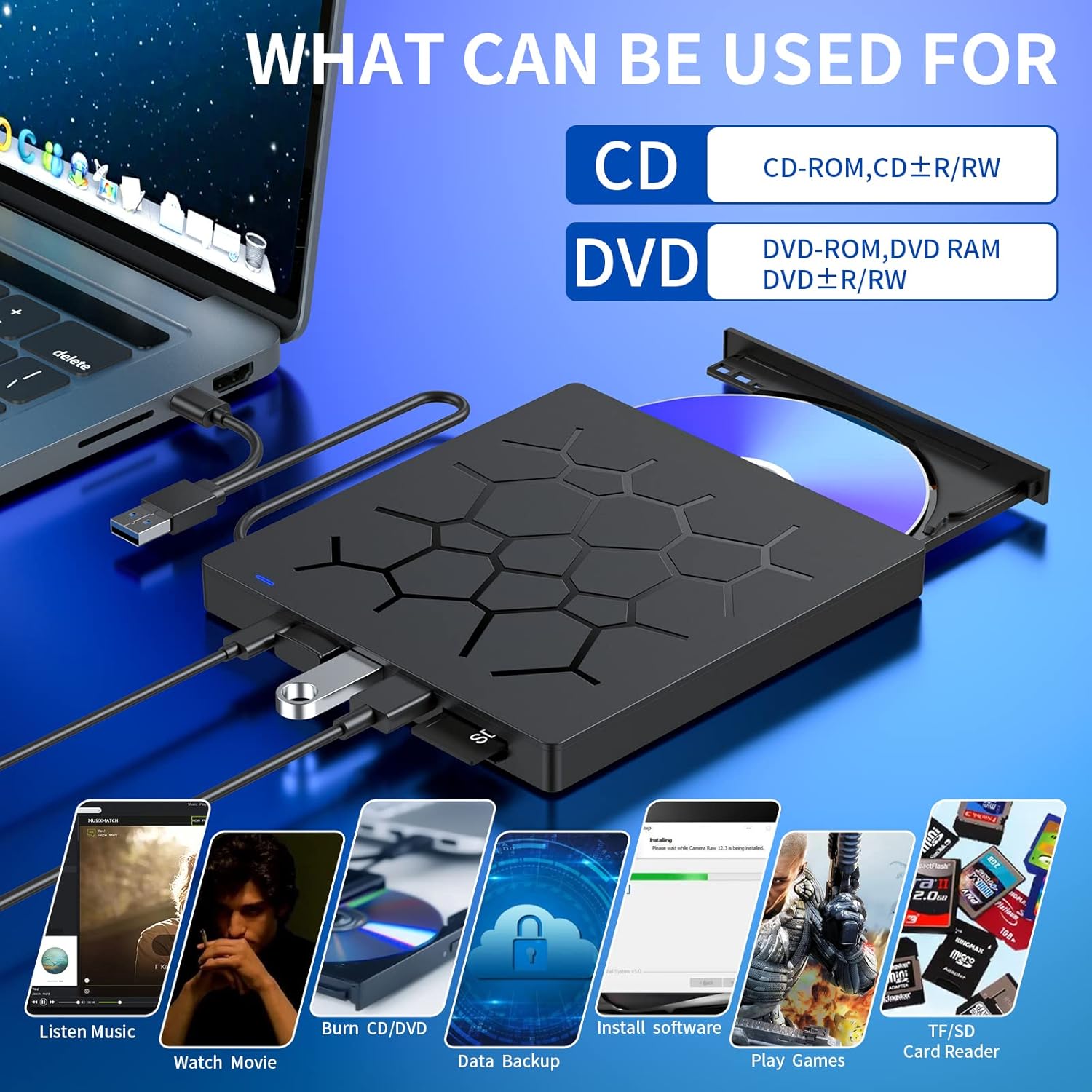 外部 CD DVD ドライブ、ウルトラスリム CD バーナー USB 3.0、4 つの USB ポートと 2 つの TF/SD カード スロット、ラップトップ Mac PC 用の光学ディスク ドライブ