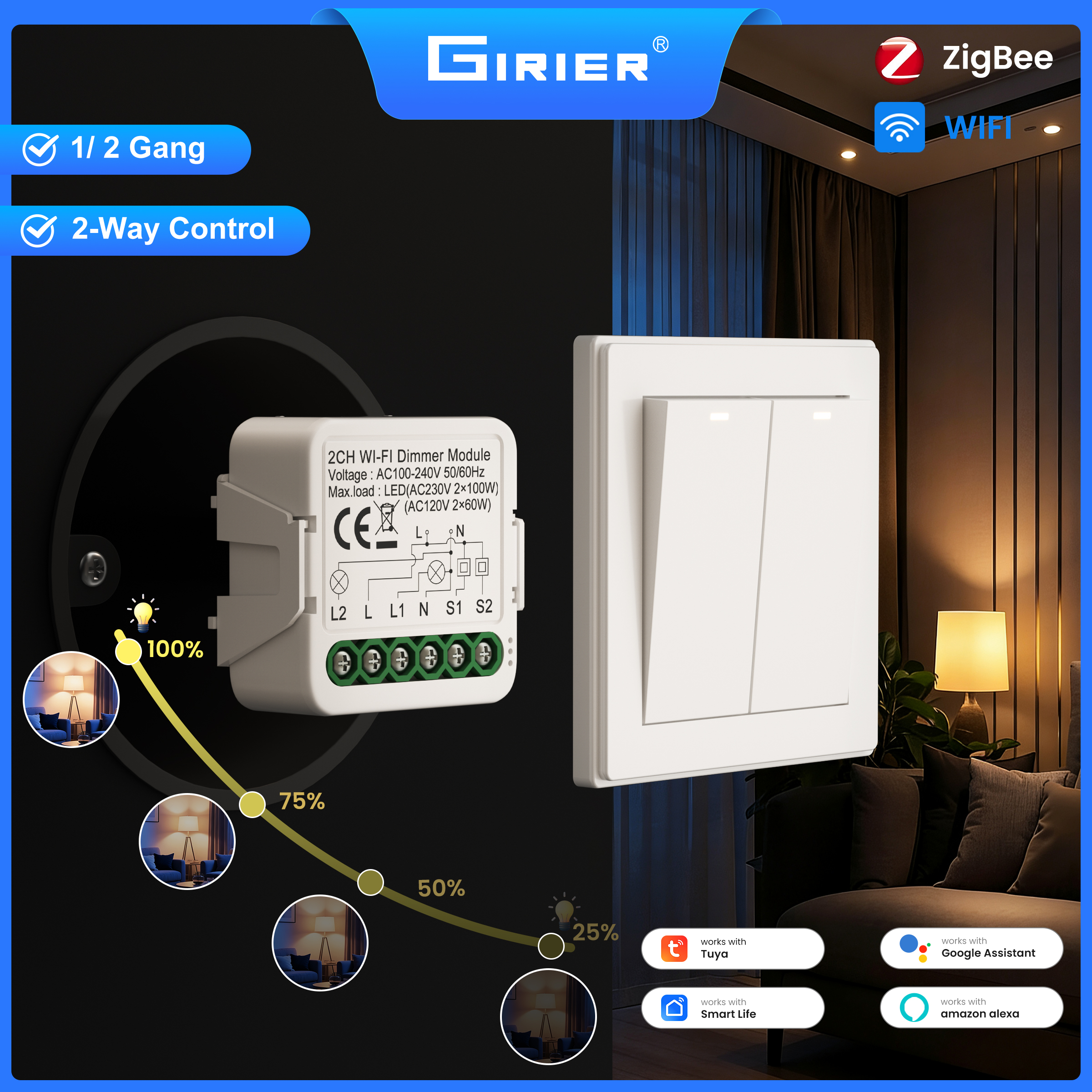 GIRIER Tuya スマート ZigBee 3.0 調光スイッチモジュール WiFi ブレーカーリレー 調光可能な電球用 双方向制御をサポート Alexa と連携