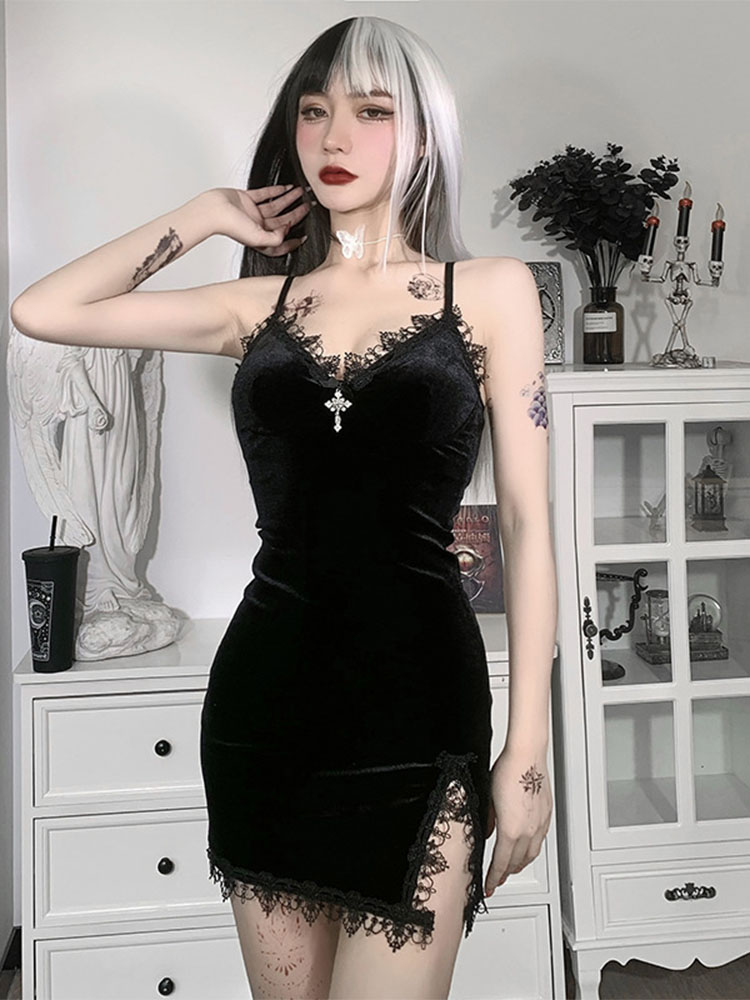ダーククロス黒ミニドレスヴィンテージセクシーなスパゲッティストラップハイウエストスリットドレスゴスパーティークラブ女性ドレス