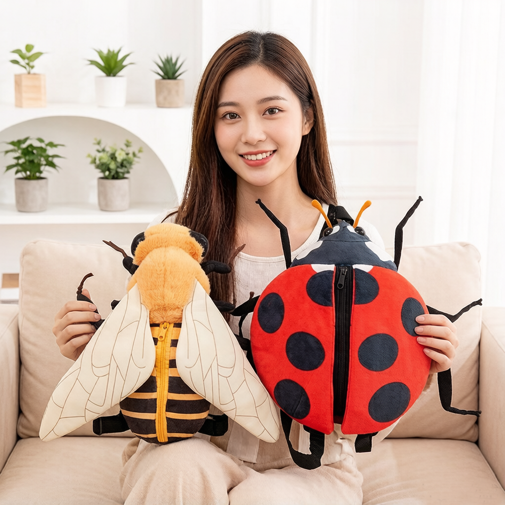 本物の昆虫のようなぬいぐるみバックパックぬいぐるみ蜂テントウムシソフトダブルショルダーバッグショッピング財布ぬいぐるみギフト