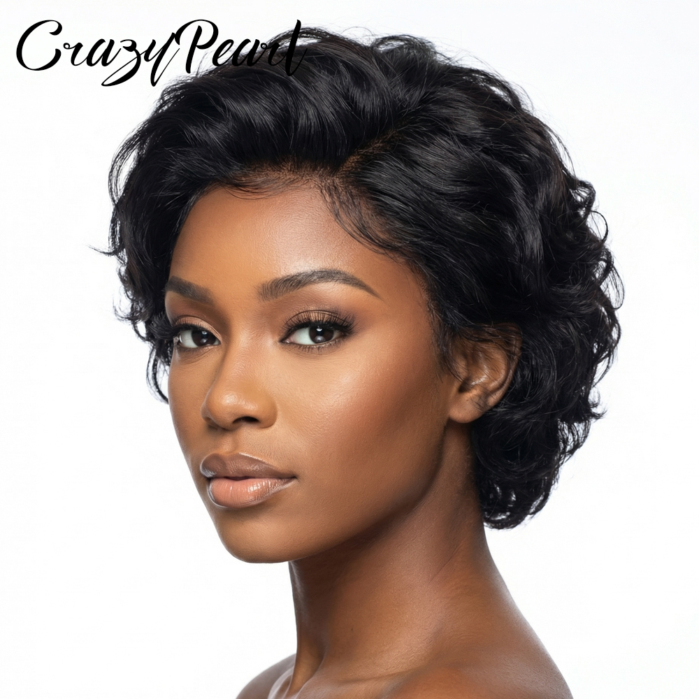 CrazyPearl 13 × 4 レースフロントウィッグピクシーカット人毛ショートカーリーブラックブラジリアンレミーヘアナチュラルヘアライン黒人女性用