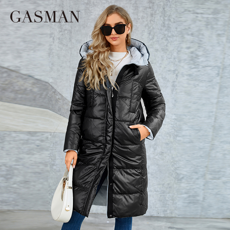GASMAN 冬コート女性スリムフィットクラシックデザインロングフード付き肥厚暖かいダウンジャケットカジュアルポケットレディースパーカー LD-21103