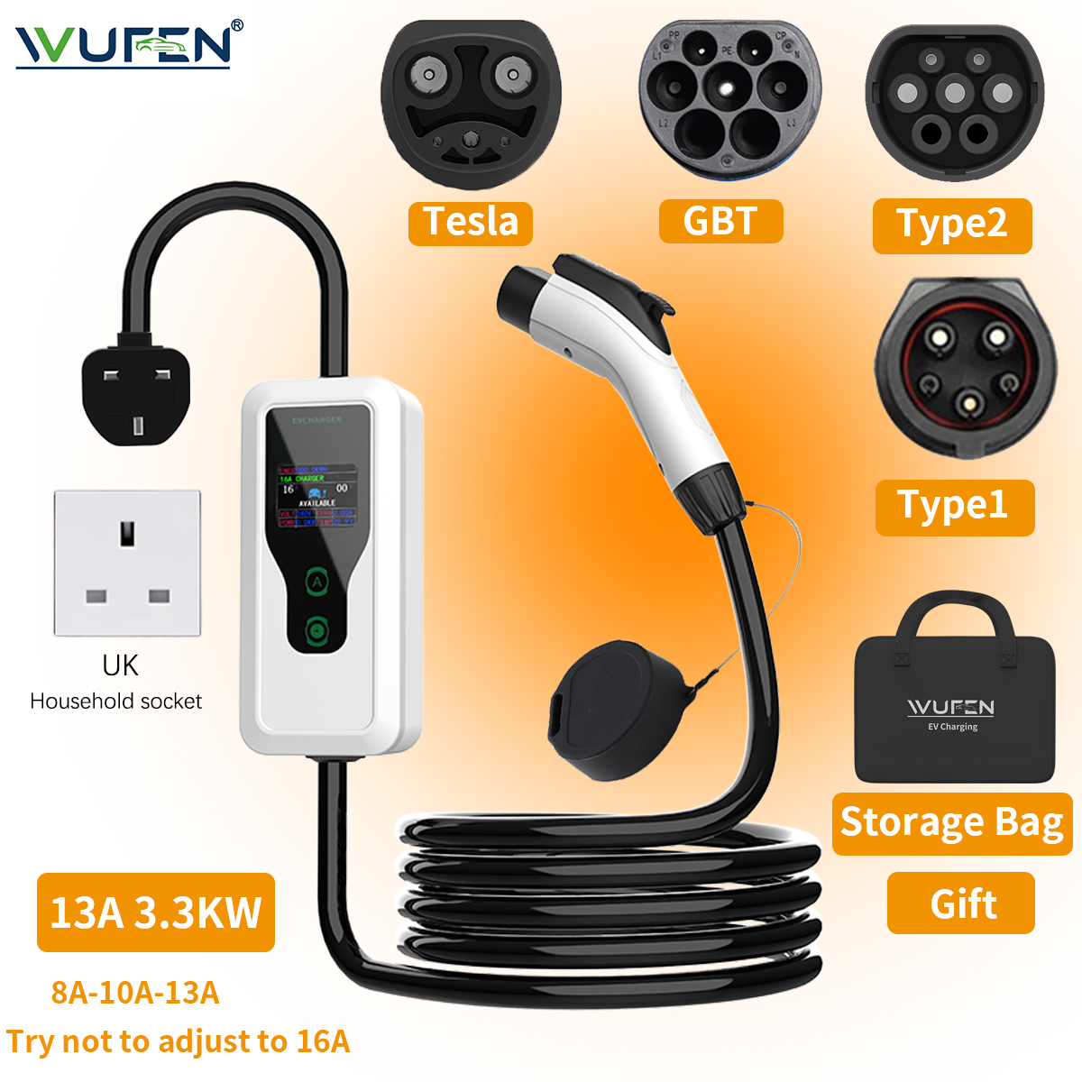 WUFEN 電気自動車ポータブル Type2 GBT NACS Type1 英国 BS プラグ EV 充電器 13A 3.3 KW 充電ケーブル EVSE 230V 家庭用屋外用
