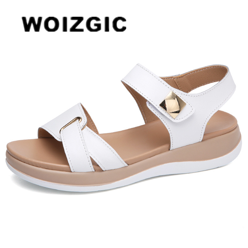 WOIZGIC 女性女性レディース母本革靴サンダルフラットソフトフックループ韓国キラキラ夏のビーチサイズ 35-40