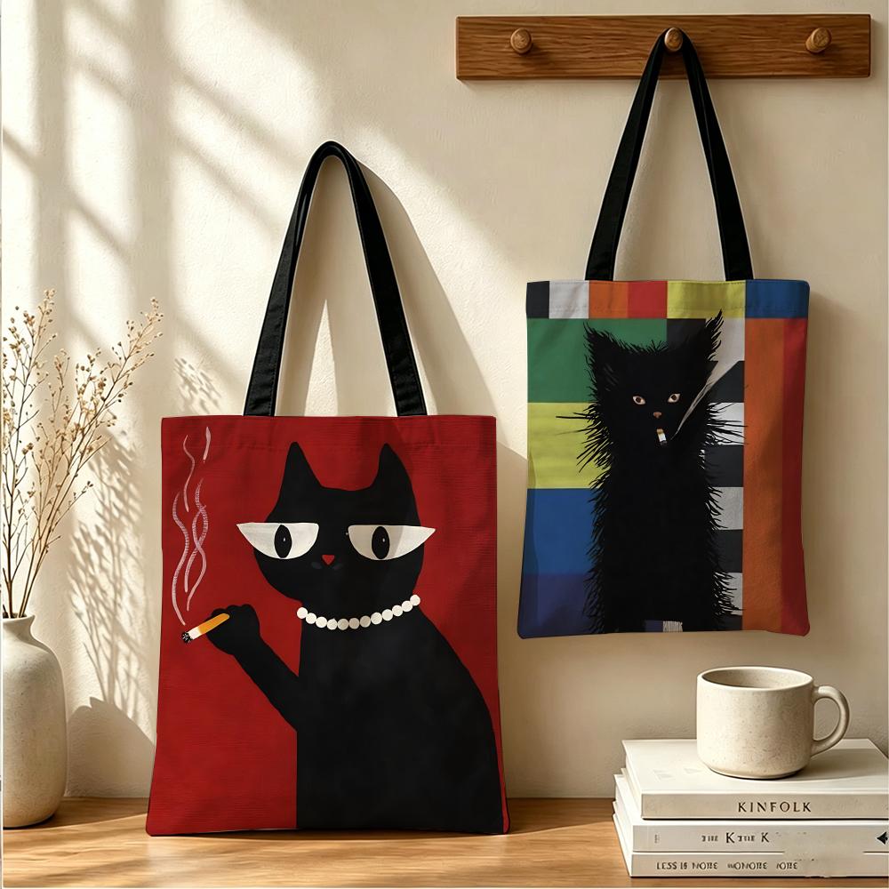 クール喫煙黒猫収納袋美的花柄キャンバストートバッグ両面大容量ショルダーバッグ