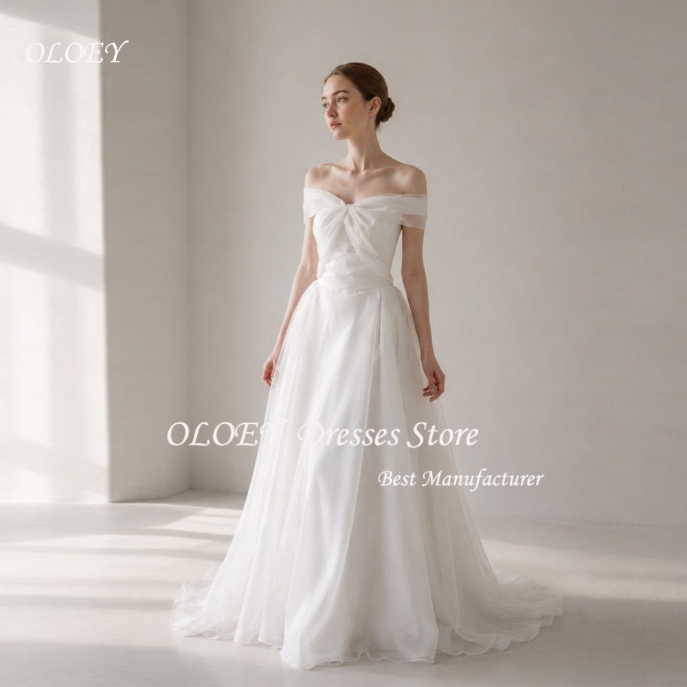 OLOEY 2026 Ivory Tulle Wedding Dress Korea Photo Shoot Off Shoulder Wrinkle Bridal Gowns Long Corset Customized 웨딩드레스