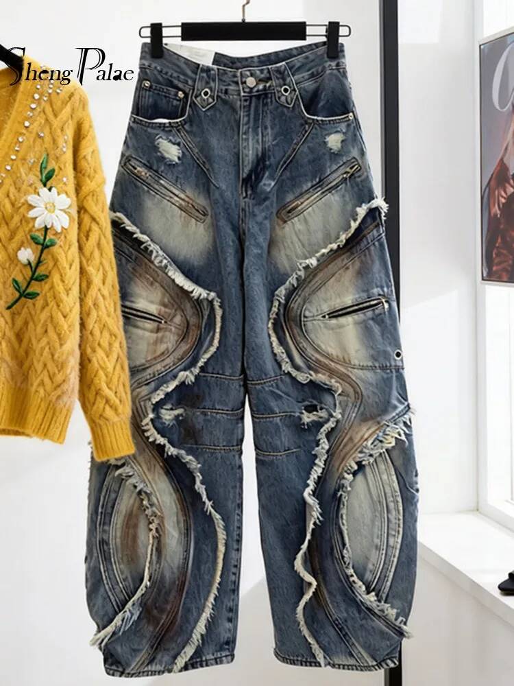 SHENGPALAE ヨーロッパとアメリカのスタイルの緩い重工業カーブナイフハイウエストワイドレッグジーンズ女性のための 2026 春の新