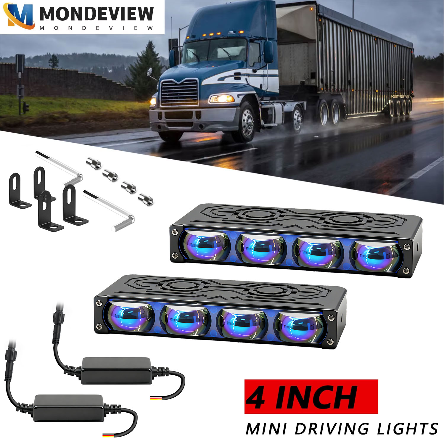 MONDEVIEW 2 個 4 インチ ブルー フィルム 4 レンズ車グリル ライト、車補助運転ライト、トラック運転ライト