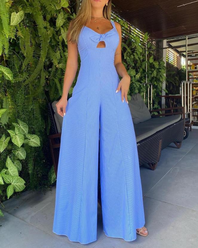 Women's Jumpsuit 2023 Spring Fashion Striped Print Casual V-Neck Sleeveless Tied Detail Daily Wide Leg Long Jumpsuit Streetwear