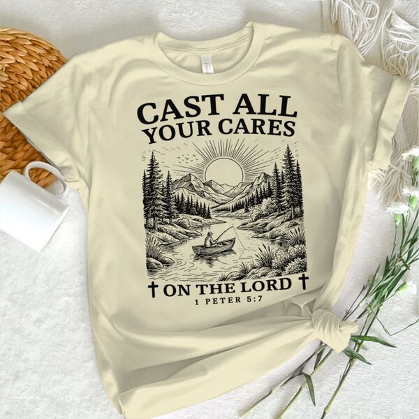 山釣りクリスチャングラフィック Tシャツ女性男性ファッション「キャストすべてのあなたの心配を主に」聖書の一節男性 Tシャツ