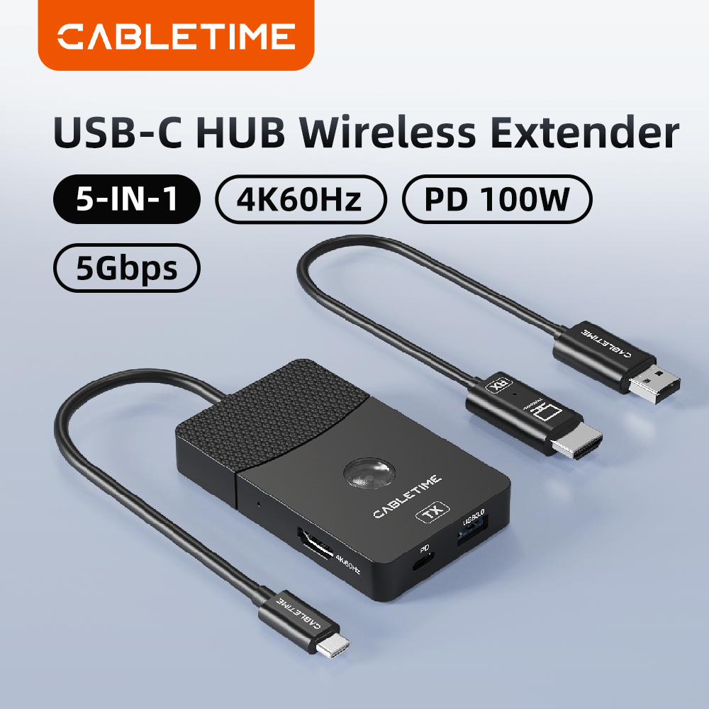CABLETIME USB C ワイヤレスエクステンダー 5 IN 1 ハブ 4K@60Hz 解像度 PD100W 急速充電器 5Gbps データ伝送 Macbook ラップトップ用
