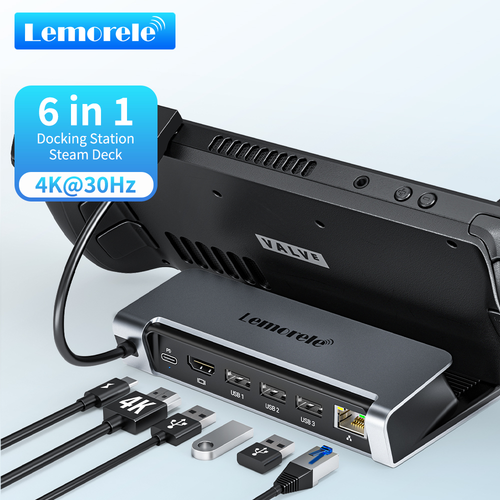 Lemorele 6 IN 1 USB C ドッキングステーション スチームデッキ HDMI 4K30Hz RJ45 1000M PD 100W ドックスイッチ プロジェクター PC TV USB C ハブ用