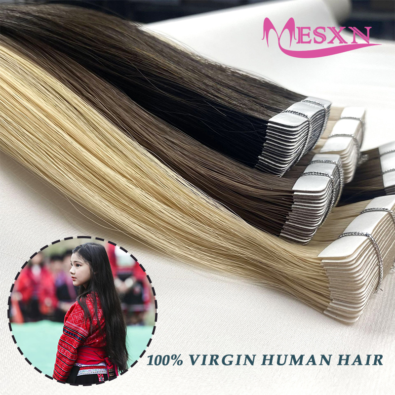 MESXN バージンストレートテープエクステンション本物の人毛自然なヘアエクステンション 12 "-22" ブラウンブロンド目に見えないテープでサロン