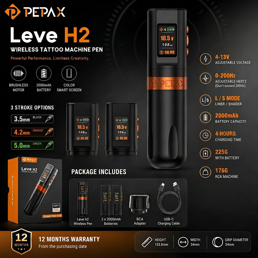 PEPAX Leve H2 ワイヤレスタトゥーマシンペンブラシレスモーター 2 バッテリーカラースクリーン 3 ストロークオプションライナーシェーダータトゥーマシンガン