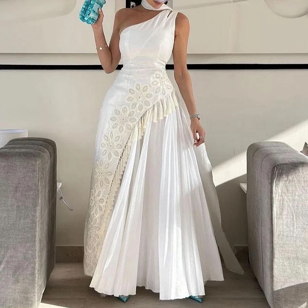 カスタマイズされた絶妙なタッセルと刺繍ワンショルダーイブニングドレスAラインジャージノースリーブリボン付きセレブドレス