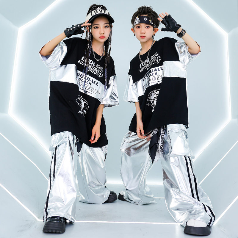 子供ヒップホップ K-POP 服オーバーサイズ黒 Tシャツトップスシルバーカジュアルカーゴパンツ女の子男の子ジャズダンス着用衣装服