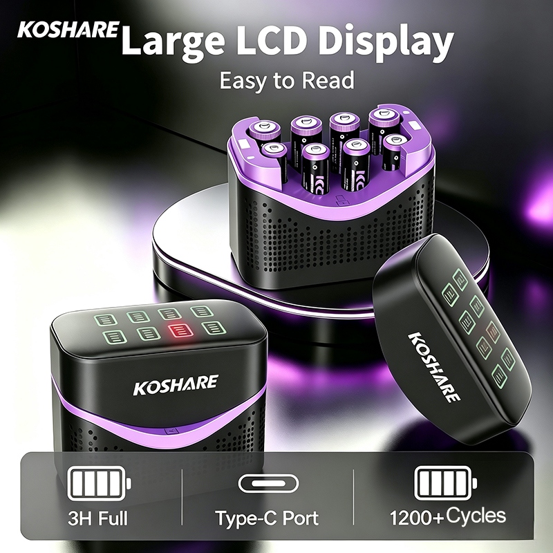 KOSHARE 1.5V LCD スマート リチウムイオン電池充電器セット AA AAA 充電式リチウムイオン電池高容量 4255mWh 1100mWh
