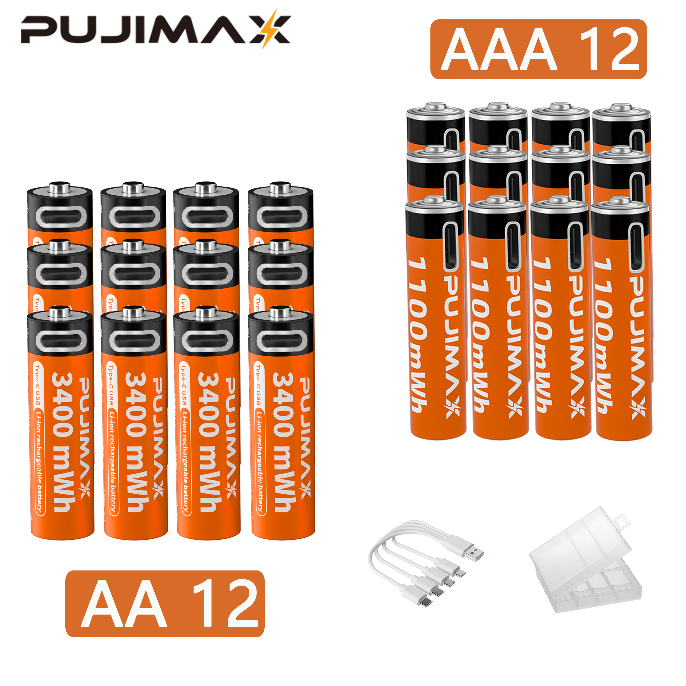 PUJIMAX AA3400mWh / AAA1100mWh 1.5V 充電式リチウムイオンバッテリー - USB-C 経由で充電。充電にはType-Cデータケーブルを使用してください