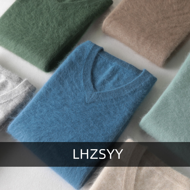 LHZSYY メンズ 100% ミンクカシミヤ大きいサイズセーター秋冬ソリッド V ネックカジュアルニットプルオーバー男性長袖暖かいジャンパー