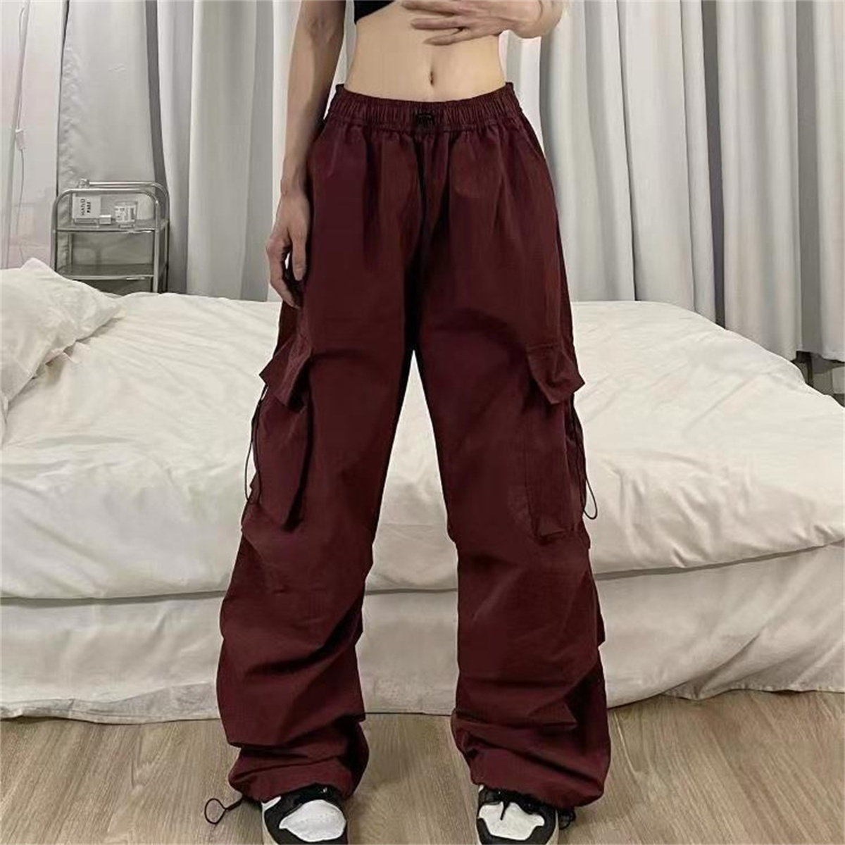 Red Big Pockets Cargo Pants Women High Waist Loose Streetwear Baggy Tactical Trouser Fashion Hip Hop Joggers Trousers Female