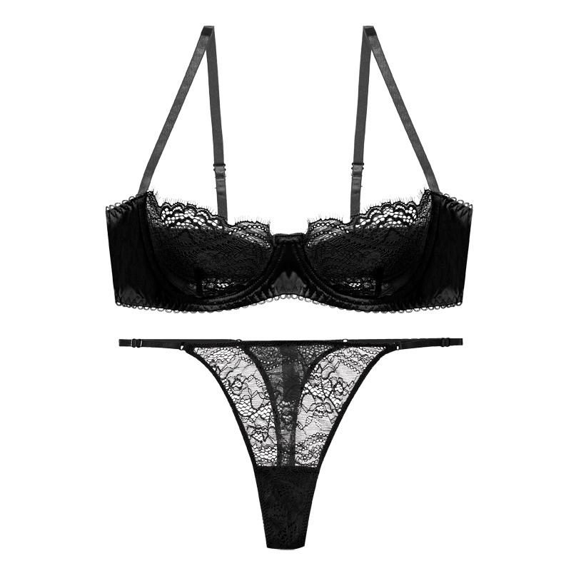 セクシーなレース 1/2 カップブラジャーセット女性のための超薄型ランジェリーフレンチブラックブラジャーと Tバックセットアンダーワイヤー下着