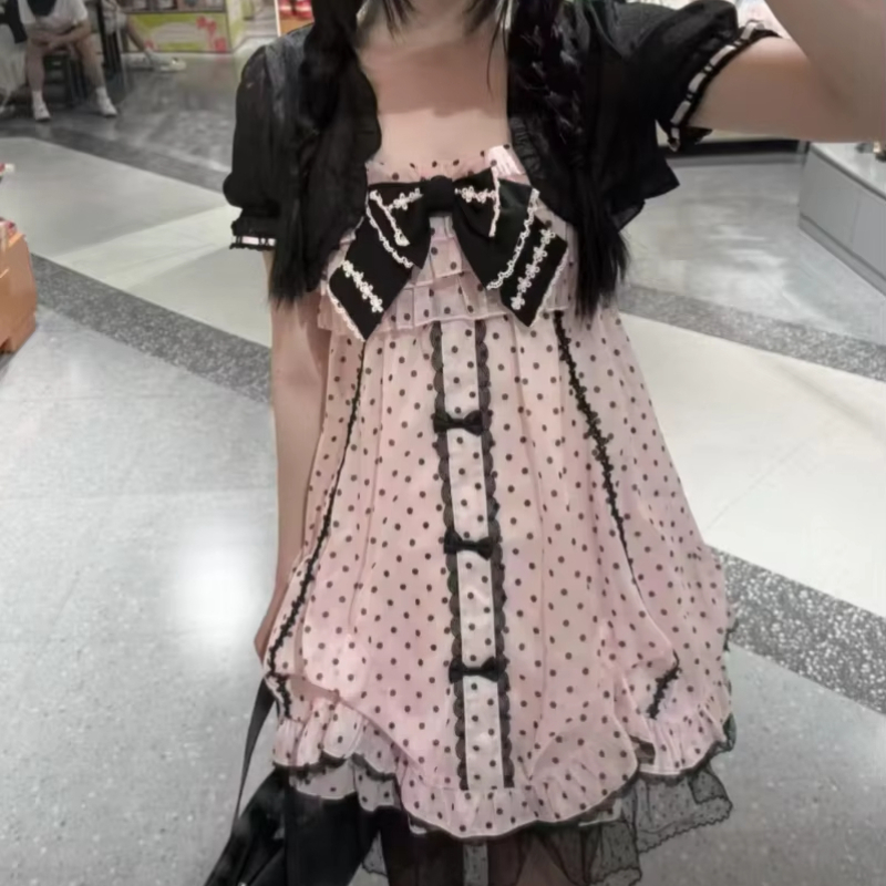 日本のかわいいロリータ 2 点セット女性の甘いエレガントなパフスリーブショートカーディガン弓水玉プリントスリムストラップドレススーツ