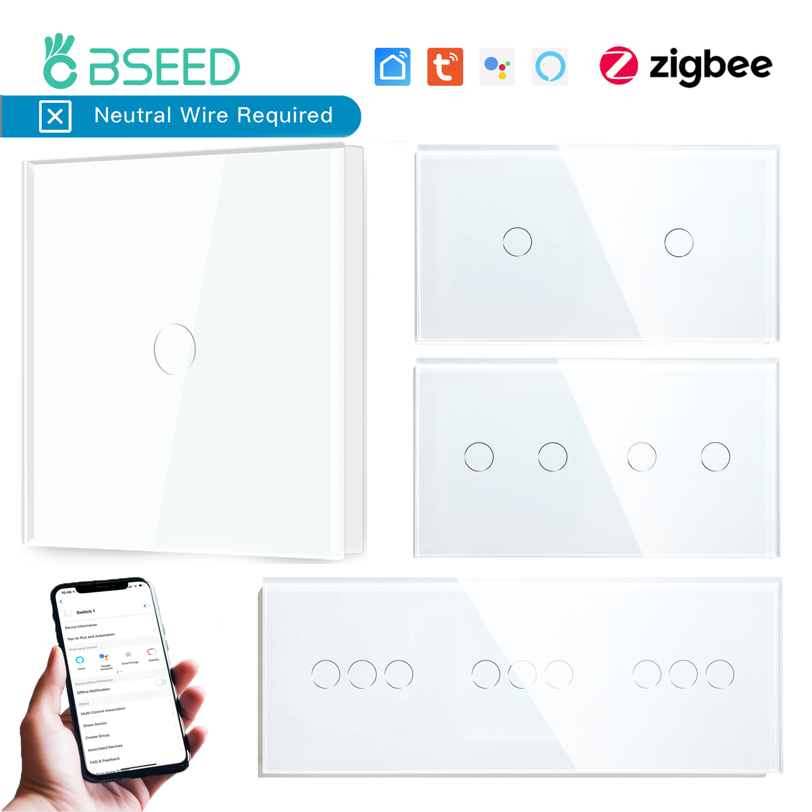 BSEED Zigbee 壁スイッチスマートタッチスクリーンライトスイッチ 1/2/3Gang 1/2/3Way Google Alexa Tuya アプリ制御中性線なし