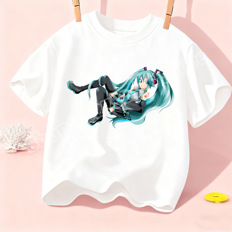 初音ミク子供半袖 Tシャツアニメテーマプリントクルーネックトップス女の子かわいい夏カジュアルプルオーバーかわいい子供服