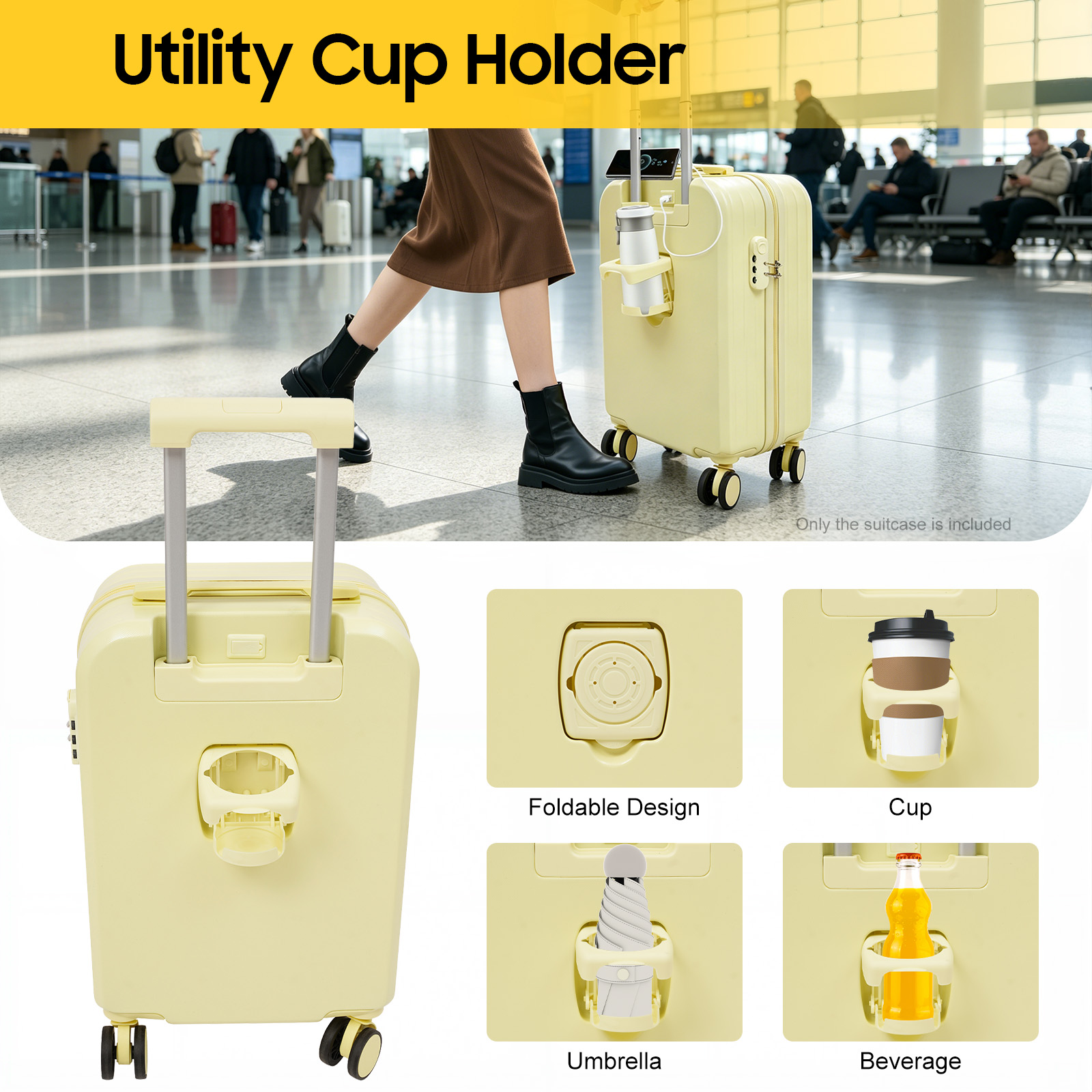20インチ旅行用スーツケース34*23*53cm、機内持ち込み荷物40kg耐荷重、カップホルダー付きスーツケース4つの衝撃吸収ホイール、短距離国内海外観光出張旅行休暇用