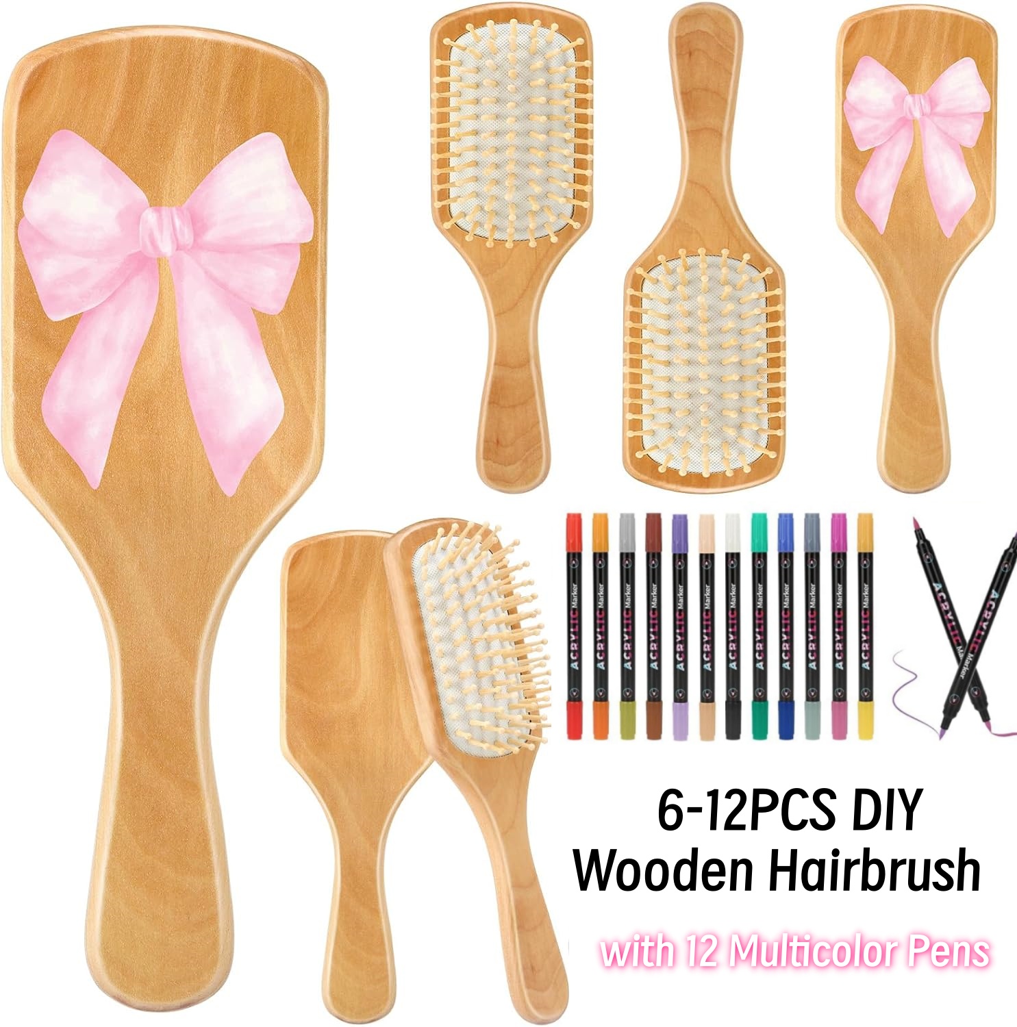 6-12 個 DIY 木製ヘアブラシ ペイント キット 12 本の多色ペン付き 自分でヘアブラシを作る ナイトパーティー用品 ヘア DIY ギフト