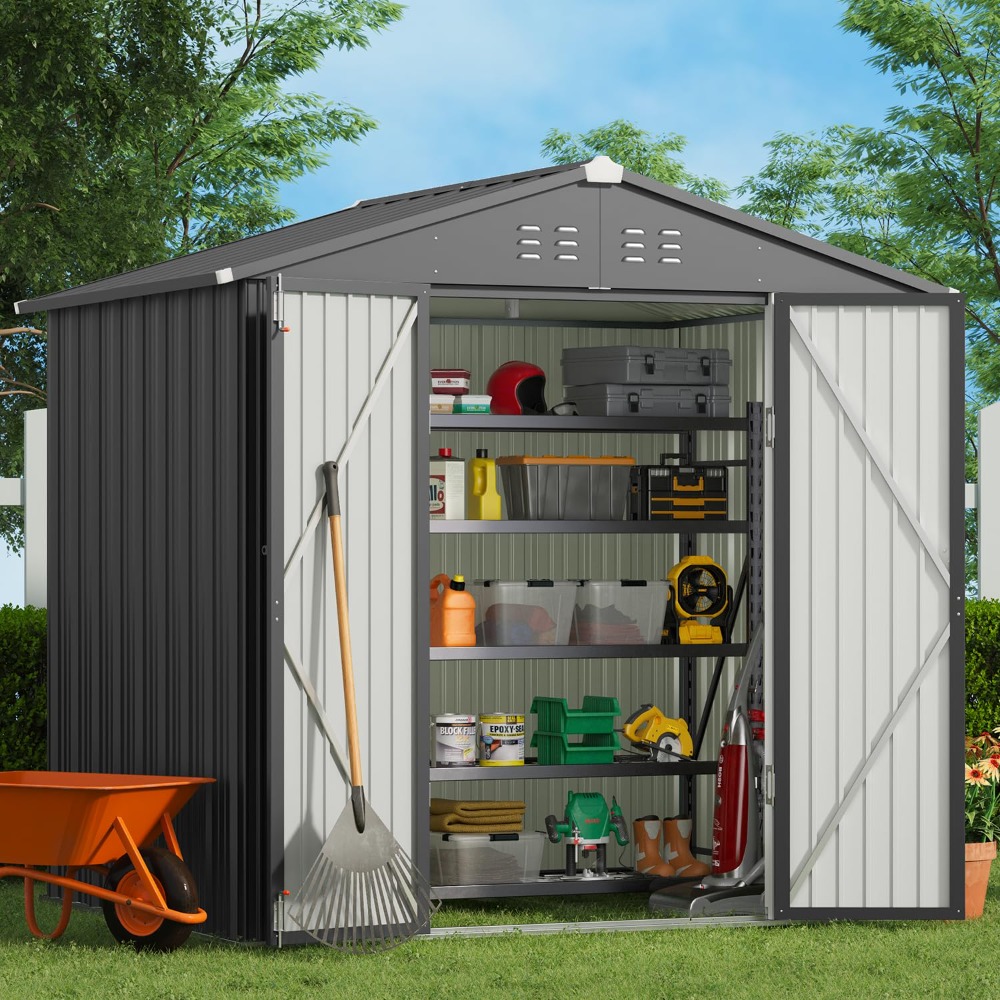 屋外物置小屋 8 x 6 フィート、亜鉛メッキ金属庭小屋、二重ロック可能なドア付き、屋外物置クリアランス、カスタマイズ