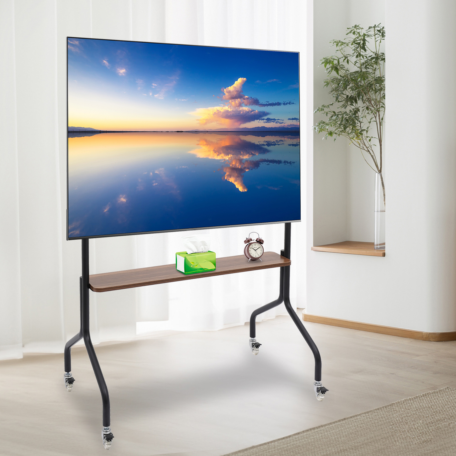 錬鉄製モバイルテレビスタンド クリスタルホイールとブレーキ機能付き [調節可能単層] ウォールナット色