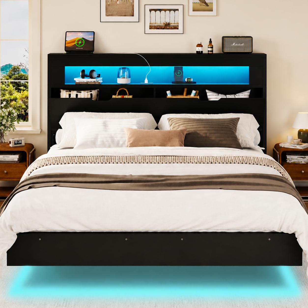 クイーンサイズのフローティングベッドフレーム、収納ヘッドボード、LEDライト付き木製ベッド付き