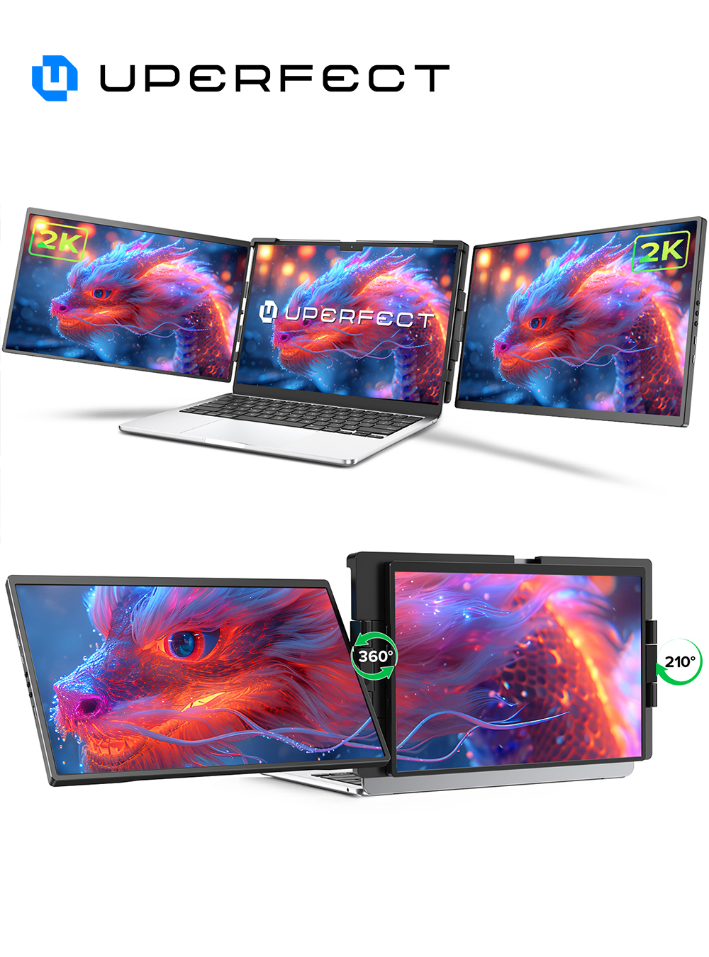 完璧な 14 インチ 2K トリプルポータブルモニター 2240x1400 QHD IPS デュアルディスプレイ、回転キックスタンド付きラップトップスクリーンエクステンダー、MacOS 用