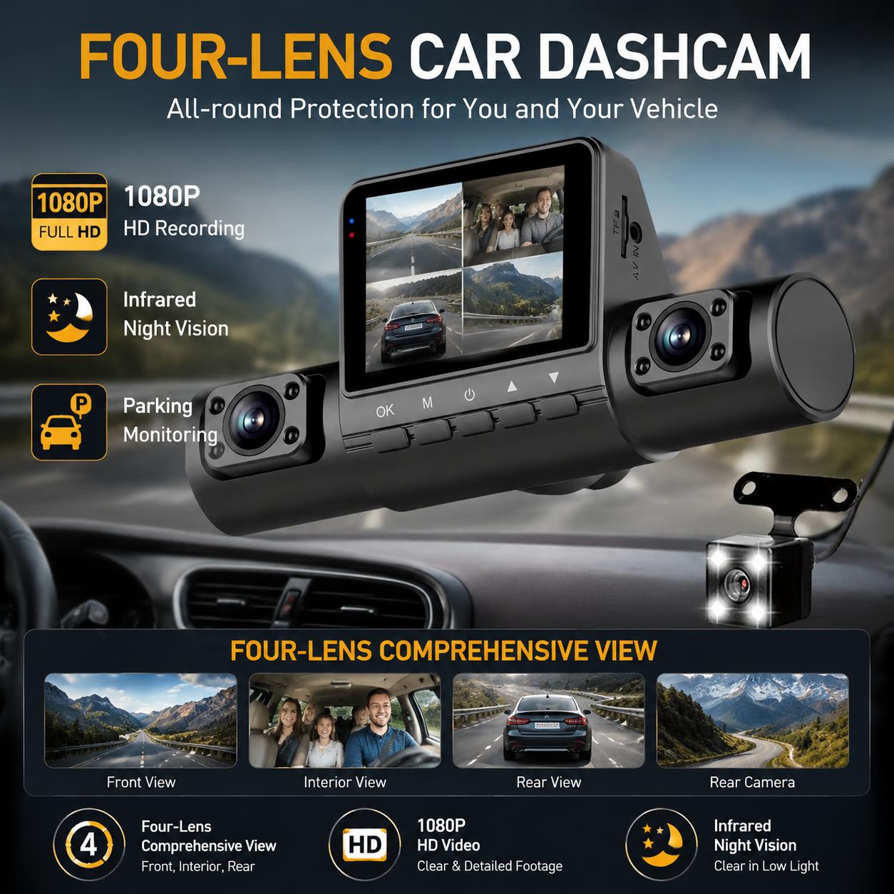4レンズドライブレコーダー 1080PフルHD 360全周ビュー 車載DVR 3 16インチ IPSスクリーン ダッシュボードカメラ スーパーナイトビジョン Gセンサー ループ録画対応 ノートパソコン接続 プロ仕様車両運転記録