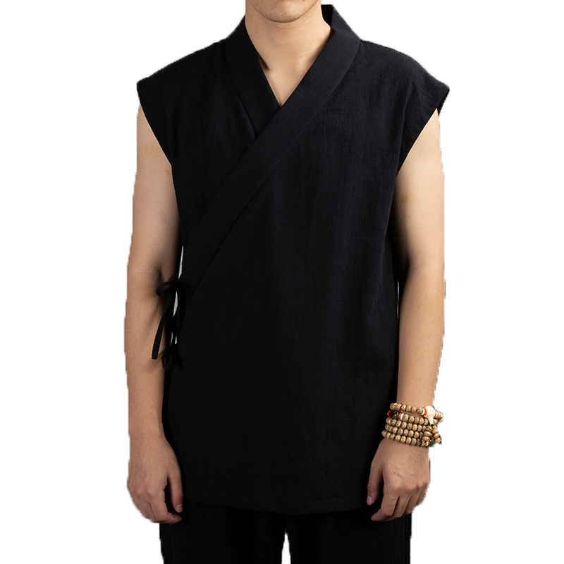 伝統的な中国服韓服男性リネン綿ノースリーブジャケットメンズ唐装着物カーディガン男性オープンステッチコート